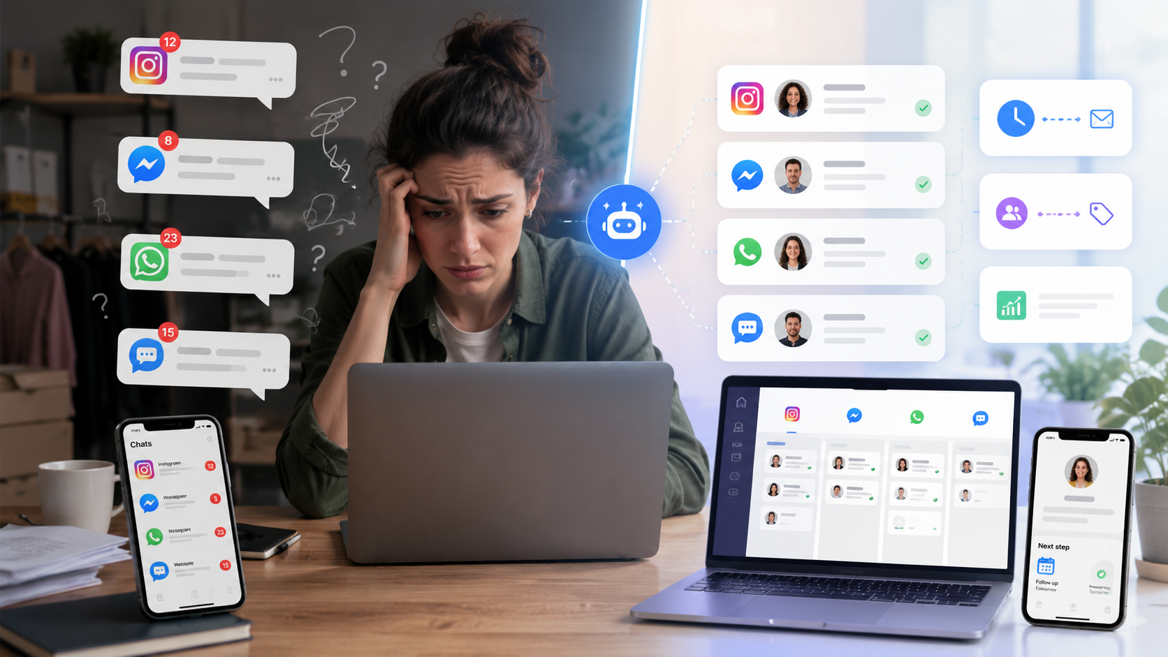 Antreprenor care gestionează mesaje în inbox și folosește automatizare AI pentru a nu pierde clienți.
