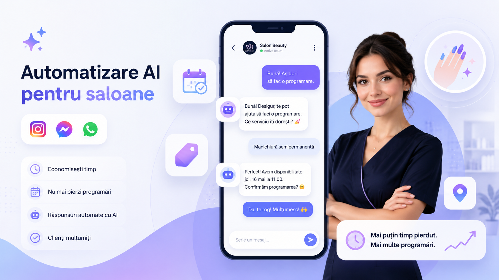 Automatizare AI pentru saloane cu chatbot care răspunde la mesaje și ajută la programări