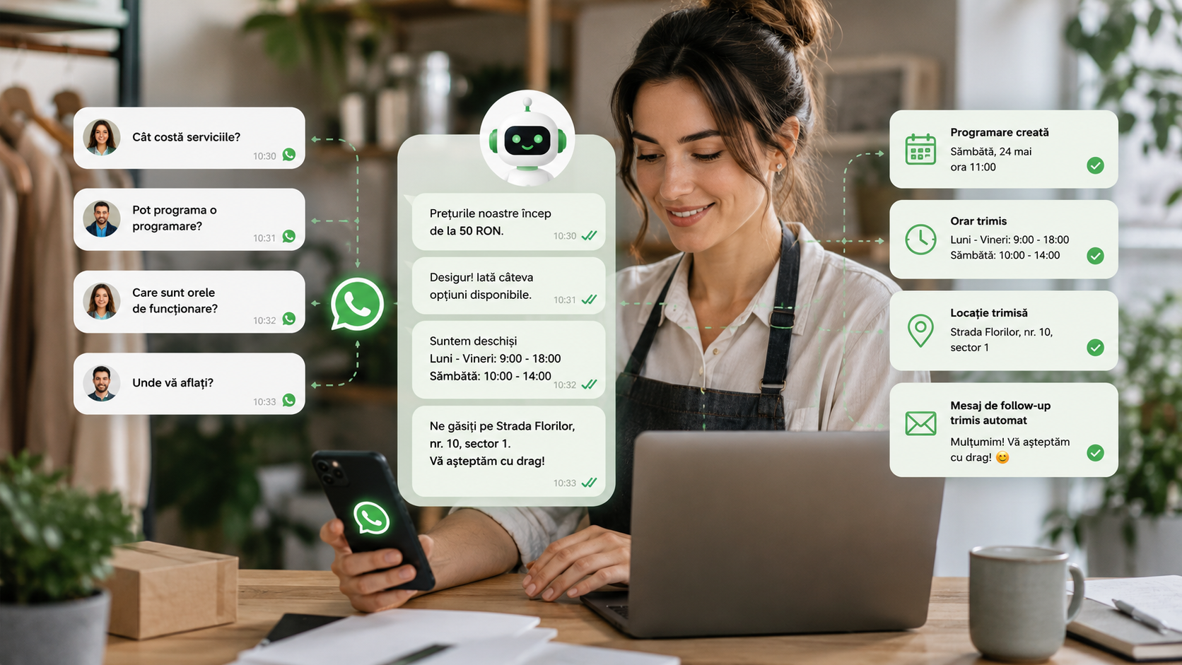 Chatbot AI WhatsApp care ajută o afacere mică să răspundă automat la mesaje și cereri de programare.