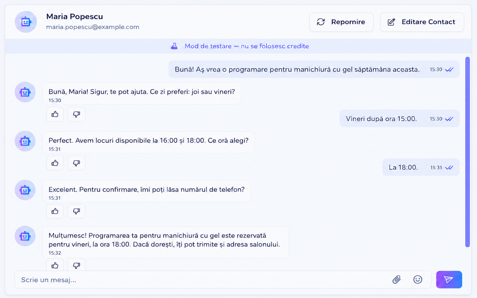 Exemplu de conversație automată între un client și un chatbot AI pentru programări la salon